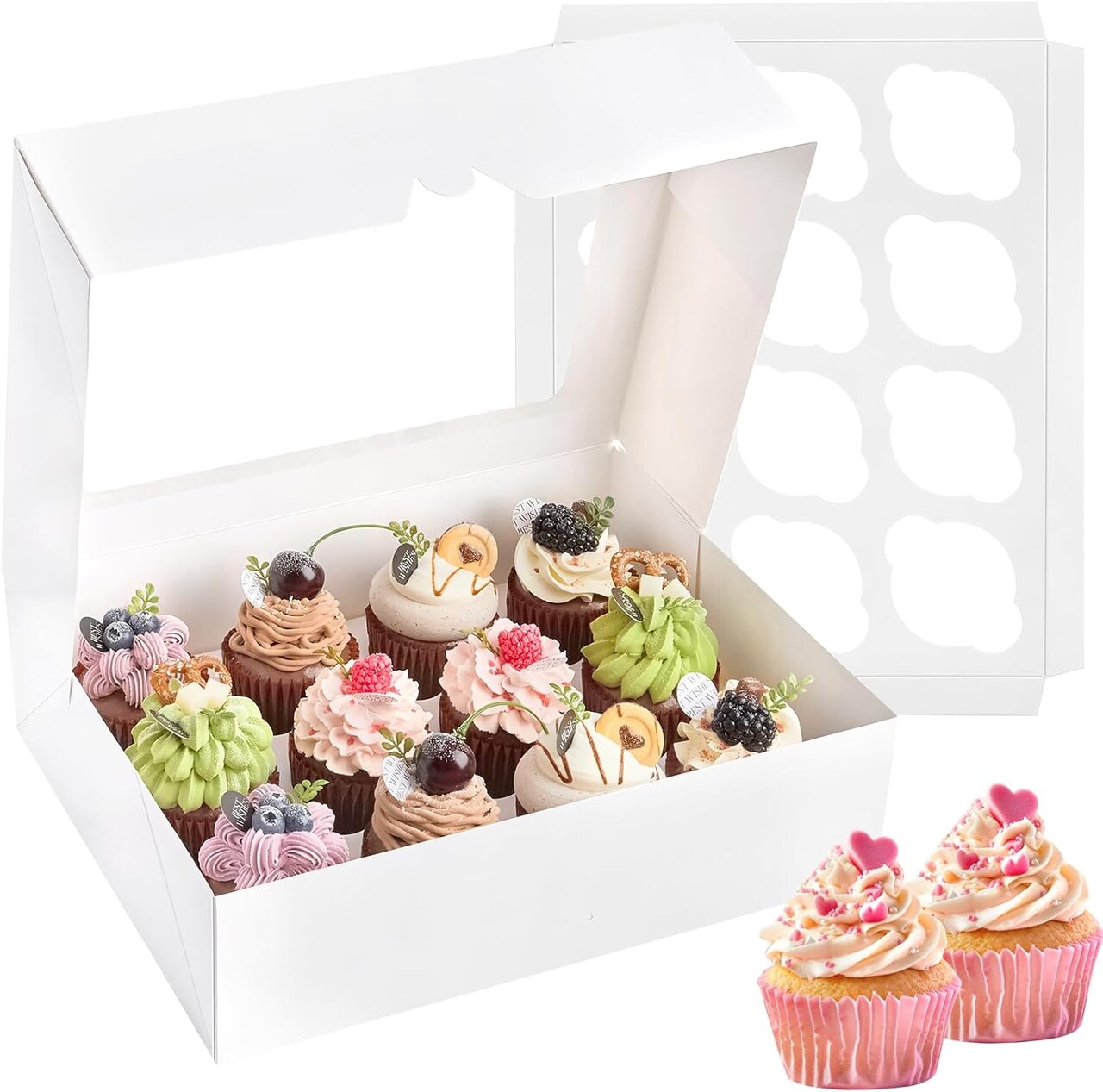12-Pc White Cupcake Boxes – Window & Inserts, Disposable, 13x10x4in